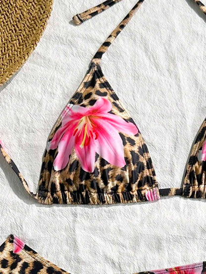 Women's 3-Piece Leopard Print Bikini Set - Halter Triangle Cup, Mesh Skirt, Tie Side, Multicolor