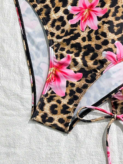 Women's 3-Piece Leopard Print Bikini Set - Halter Triangle Cup, Mesh Skirt, Tie Side, Multicolor