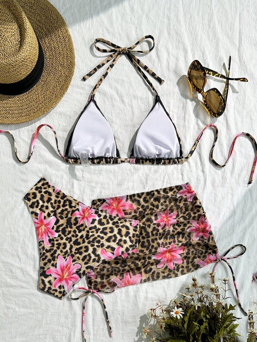 Women's 3-Piece Leopard Print Bikini Set - Halter Triangle Cup, Mesh Skirt, Tie Side, Multicolor