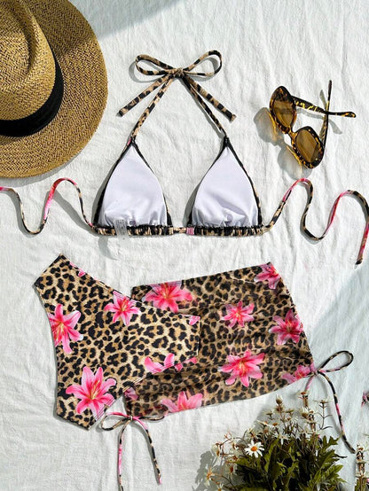 Women's 3-Piece Leopard Print Bikini Set - Halter Triangle Cup, Mesh Skirt, Tie Side, Multicolor