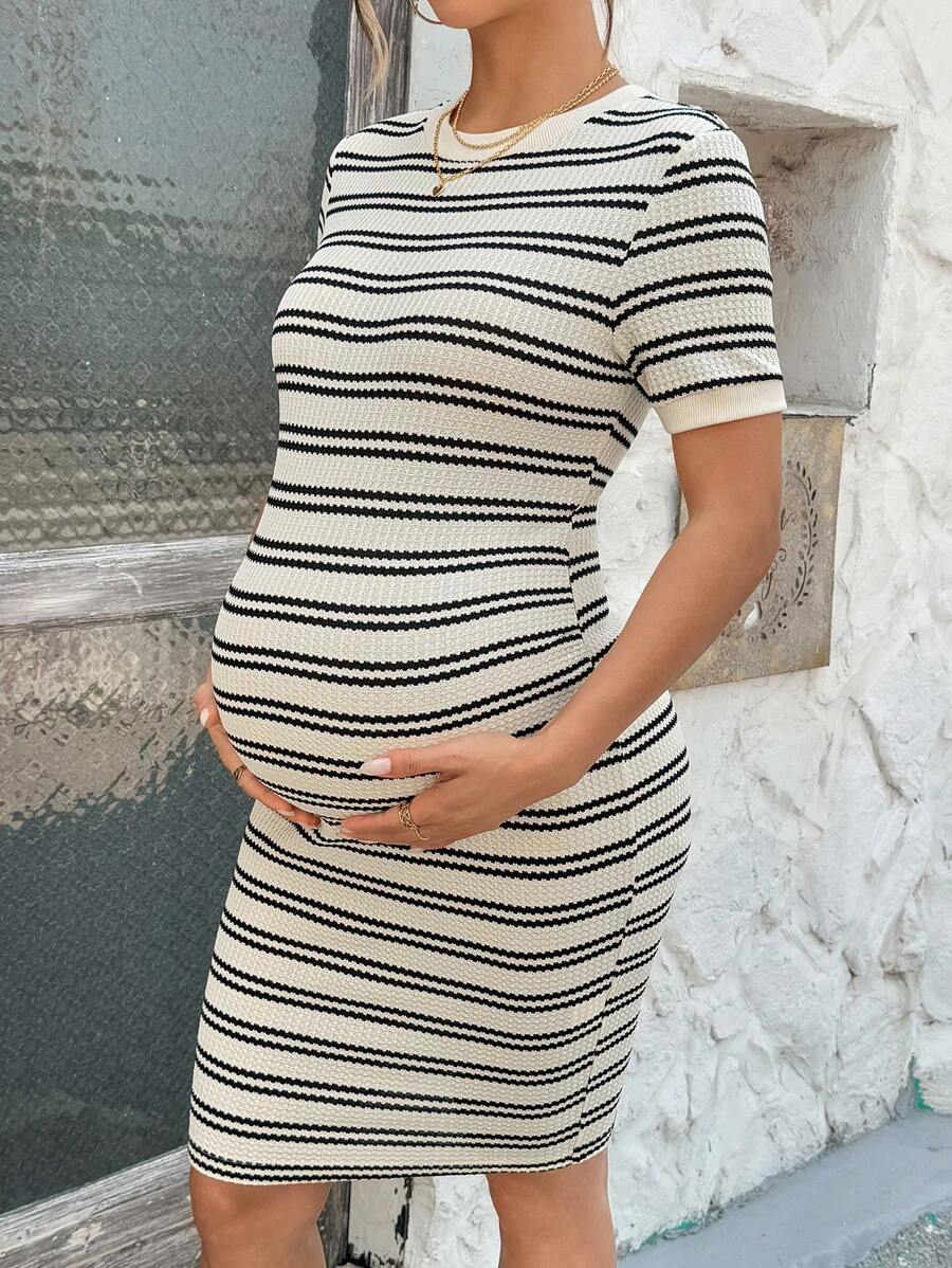 Maternity Short Sleeve Striped Slim Fit Ribbed Dress Casual Crew Neck Bodycon Pencil Dress for Home and Daily Wear