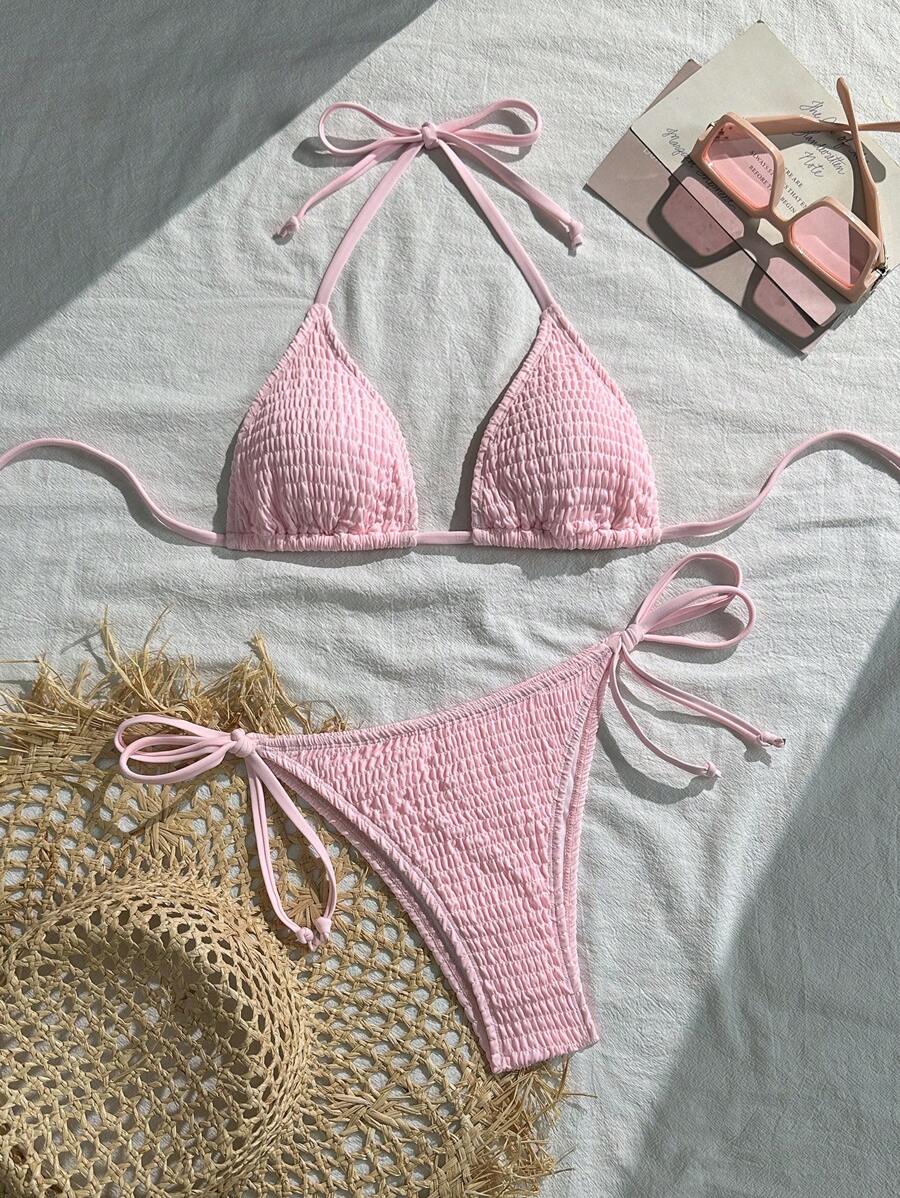 Swim Vcay Solid Color Halter Twist Bikini Two Pieces Swimwear, Suitable For Summer