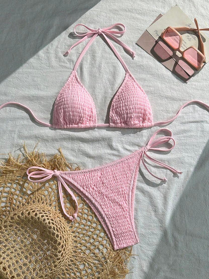 Swim Vcay Solid Color Halter Twist Bikini Two Pieces Swimwear, Suitable For Summer