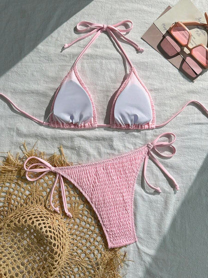 Swim Basics Women's Solid Color Halter Neck Sexy Bikini Set Bathing Suit For Summer Beach