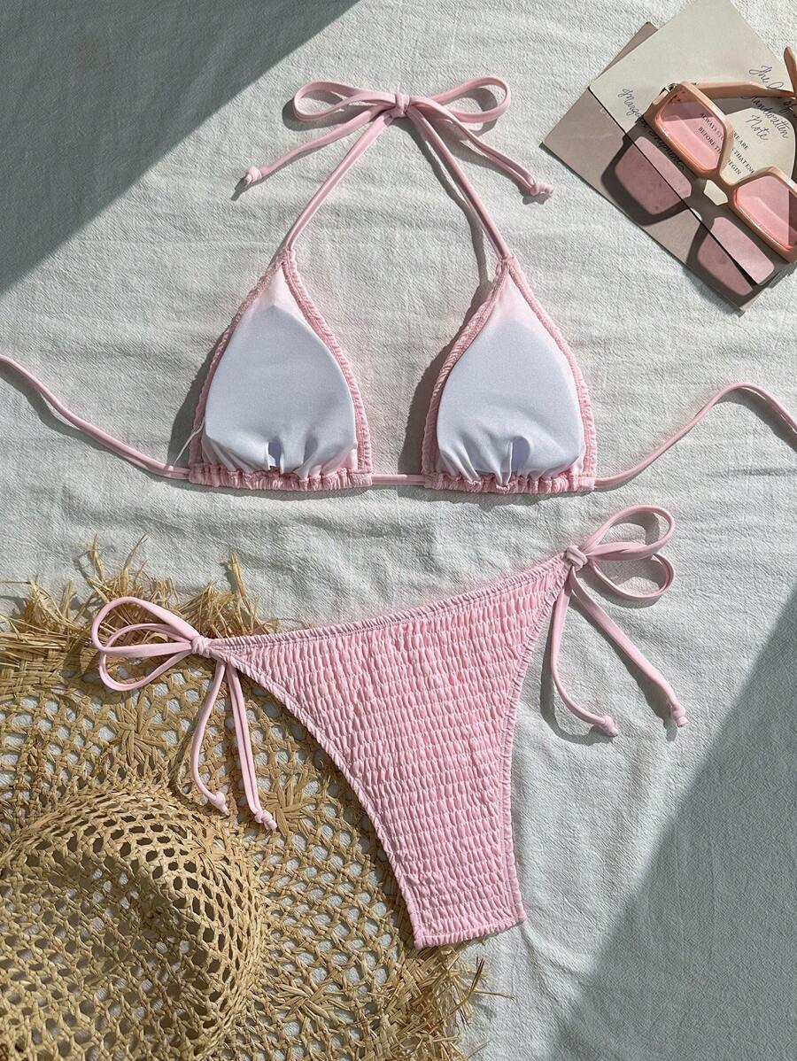 Swim Vcay Solid Color Texture Split Bikini Set, Vacation Beach For Summer