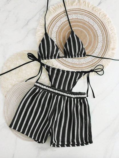 Women's 3-Piece Boho Crochet Bikini Set - Drawstring Cover-Up, Halter, Shorts, Royal Blue