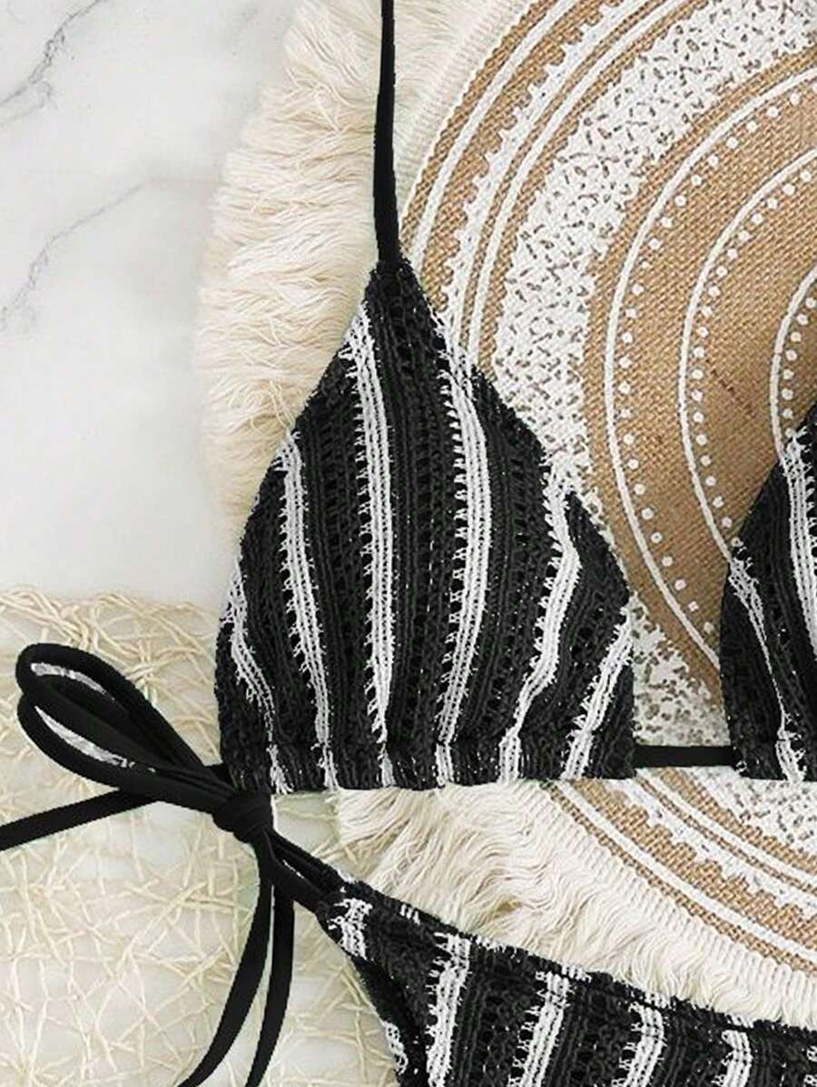 Women's 3-Piece Boho Crochet Bikini Set - Drawstring Cover-Up, Halter, Shorts, Royal Blue