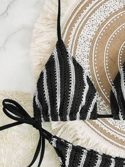 Women's 3-Piece Boho Crochet Bikini Set - Drawstring Cover-Up, Halter, Shorts, Royal Blue