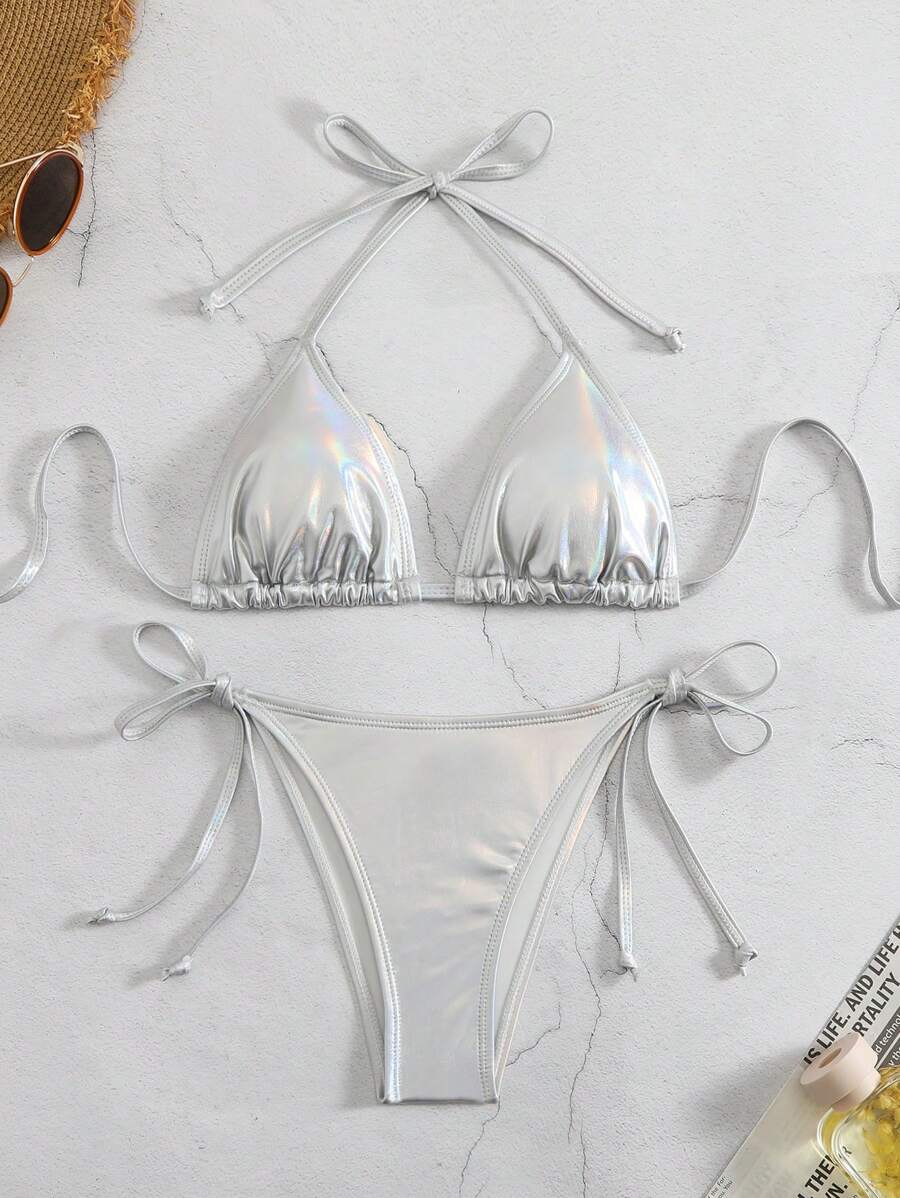 Swim Vcay Solid Color Halter Twist Split Bikini Set For Summer Beach Vacation