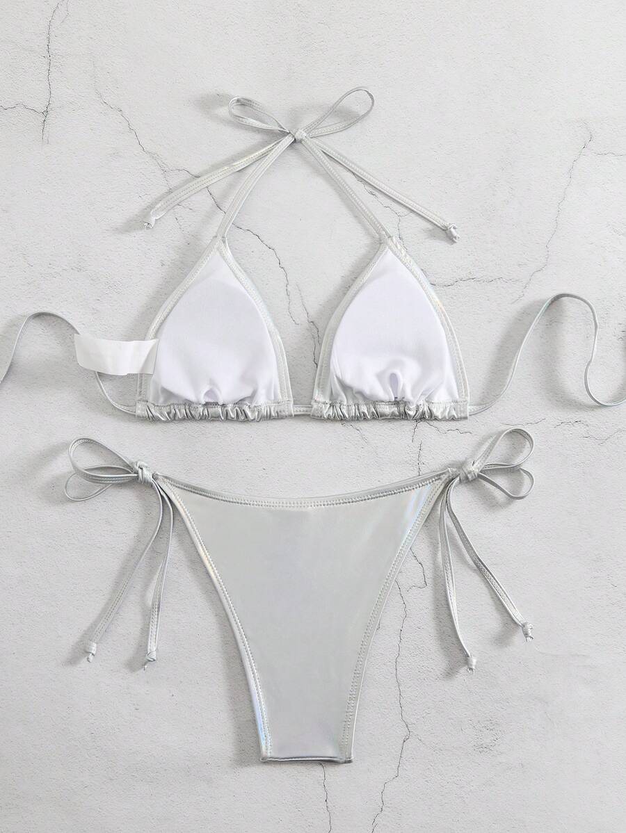 Swim Vcay Summer Beach Metallic Halter Triangle Tie Side Bikini Set