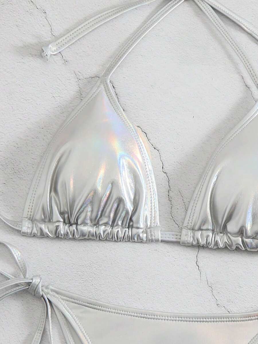 Swim Vcay Summer Beach Metallic Halter Triangle Tie Side Bikini Set