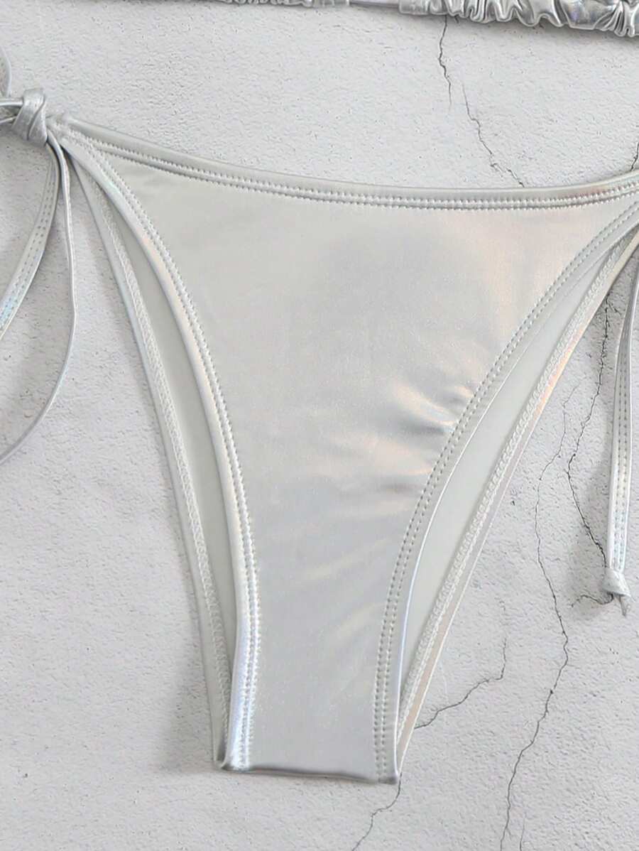 Swim Vcay Summer Beach Metallic Halter Triangle Tie Side Bikini Set