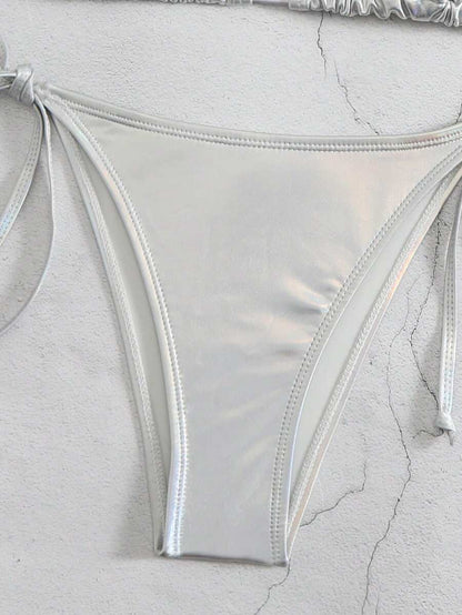 Swim Vcay Solid Color Halter Twist Split Bikini Set For Summer Beach Vacation