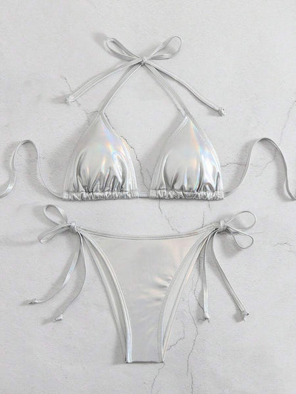 Swim Vcay Summer Beach Metallic Halter Triangle Tie Side Bikini Set
