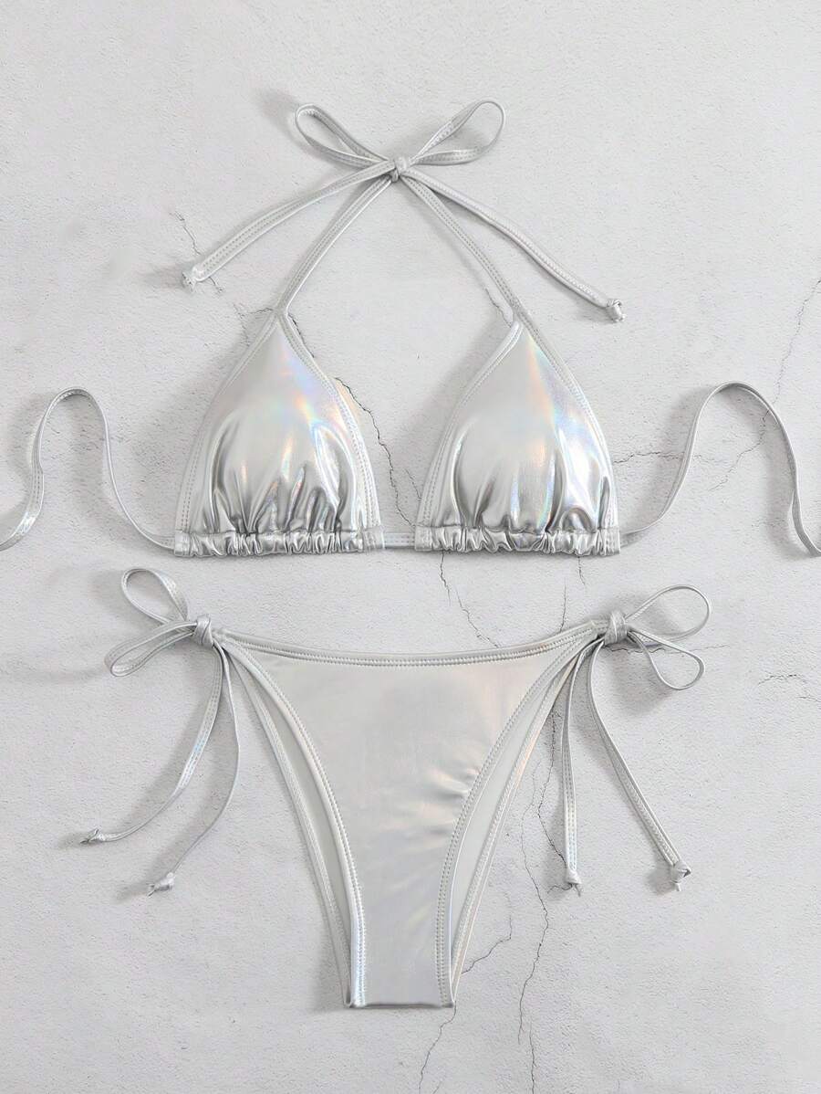 Swim Vcay Solid Color Halter Twist Split Bikini Set For Summer Beach Vacation