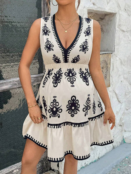 Maternity Cami Mini Dress - V Neck, Sleeveless, Floral, Flared Hem, Slim Fit, Multicolor