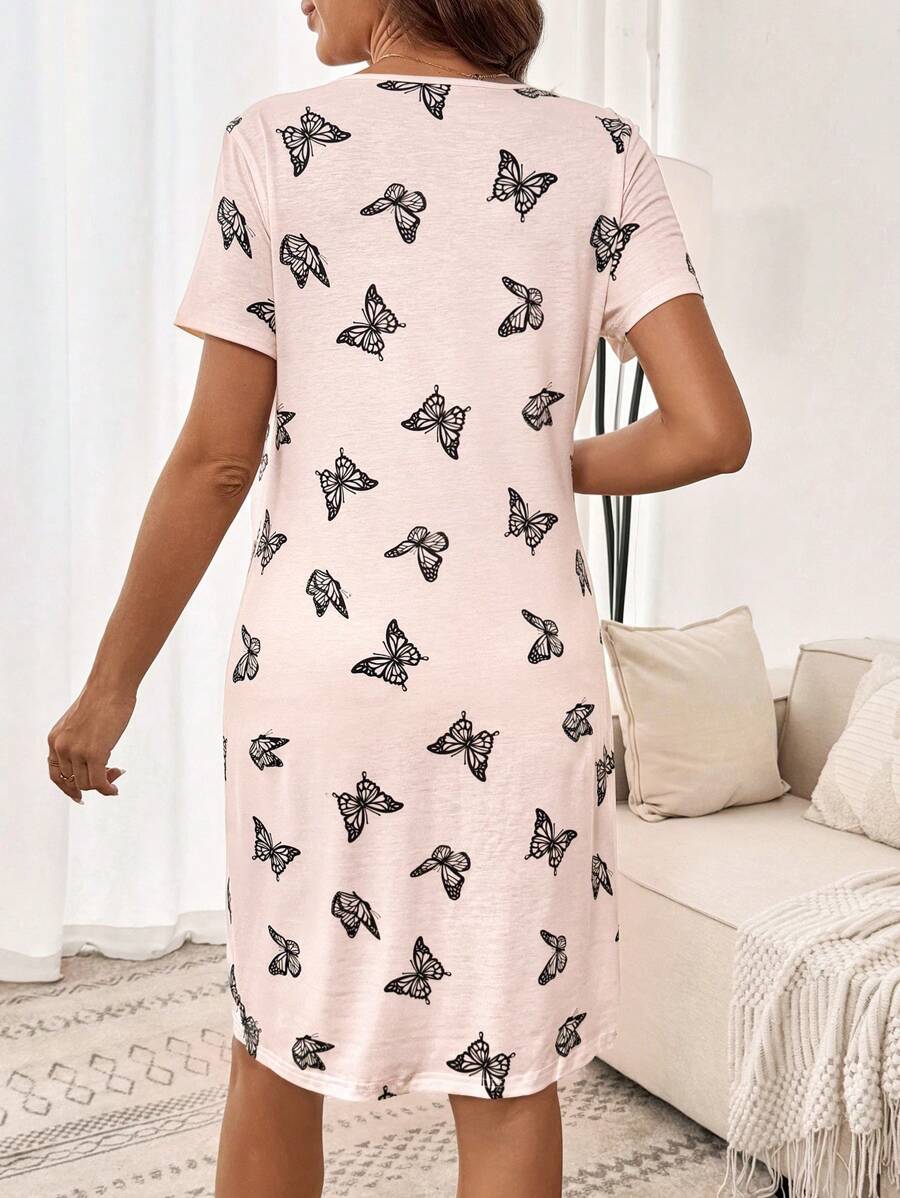 Maternity Butterfly Print Short Sleeve Pajama Dress Apricot Scoop Neck Button Detail Loungewear Nightgown for Pregnancy