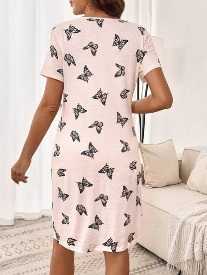 Maternity Butterfly Print Short Sleeve Pajama Dress Apricot Scoop Neck Button Detail Loungewear Nightgown for Pregnancy