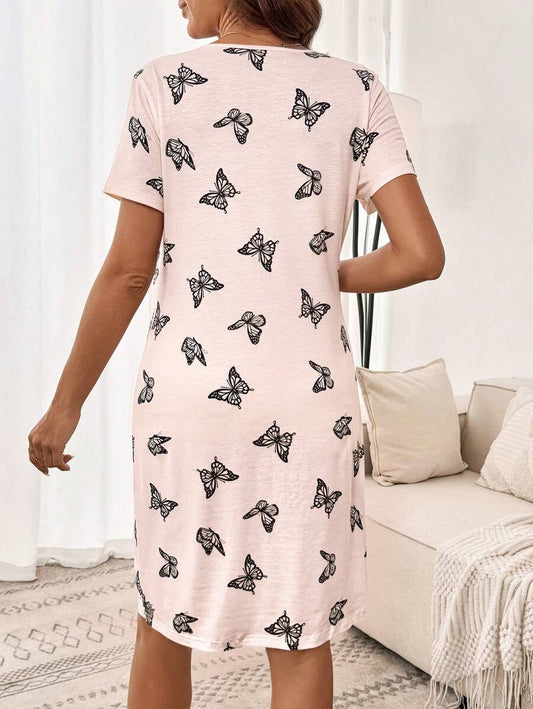 Maternity Butterfly Print Short Sleeve Pajama Dress Apricot Scoop Neck Button Detail Loungewear Nightgown for Pregnancy