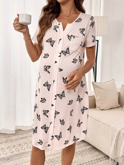 Maternity Butterfly Print Short Sleeve Pajama Dress Apricot Scoop Neck Button Detail Loungewear Nightgown for Pregnancy