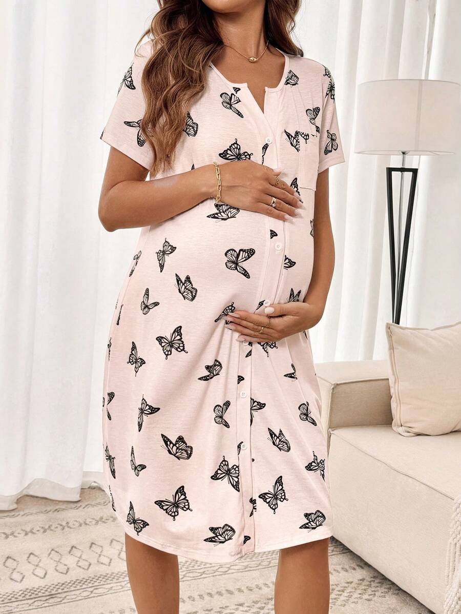 Maternity Butterfly Print Short Sleeve Pajama Dress Apricot Scoop Neck Button Detail Loungewear Nightgown for Pregnancy