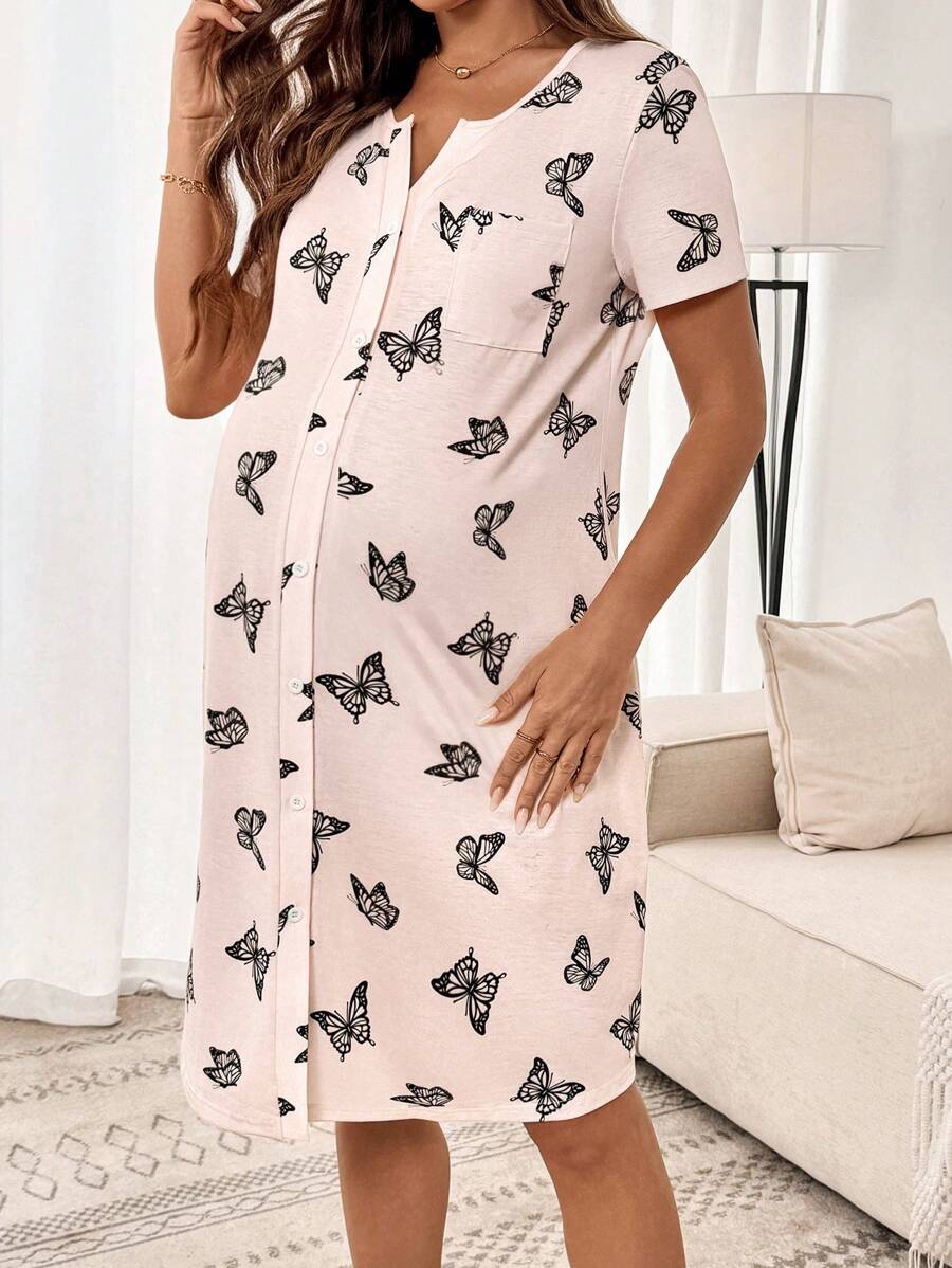 Maternity Butterfly Print Short Sleeve Pajama Dress Apricot Scoop Neck Button Detail Loungewear Nightgown for Pregnancy