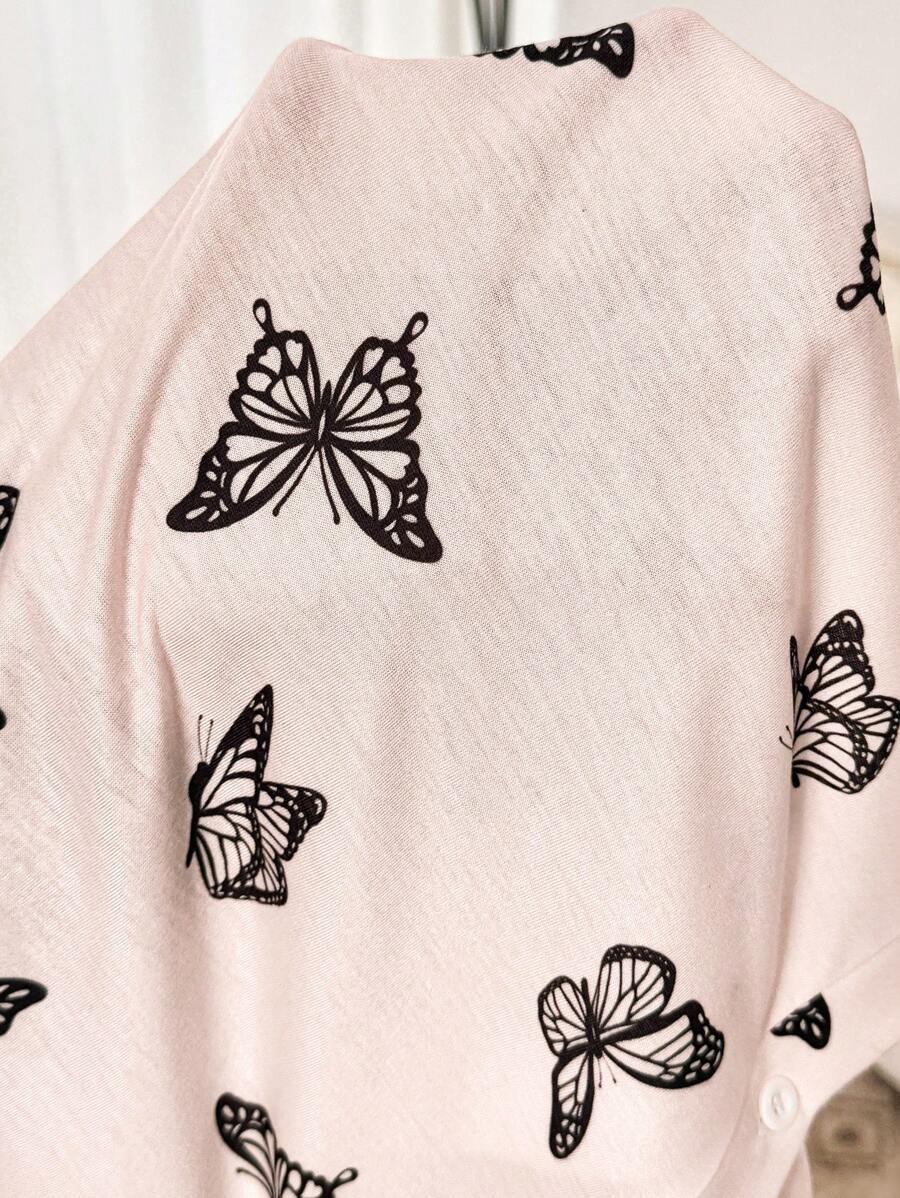 Maternity Butterfly Print Short Sleeve Pajama Dress Apricot Scoop Neck Button Detail Loungewear Nightgown for Pregnancy