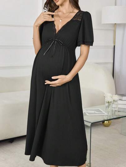 Maternity Long Nightgown - Deep V Neck Lace Patchwork Waist Flare Hem Elegant, Nursing Sleepwear