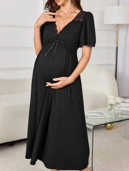 Maternity Long Nightgown - Deep V Neck Lace Patchwork Waist Flare Hem Elegant, Nursing Sleepwear