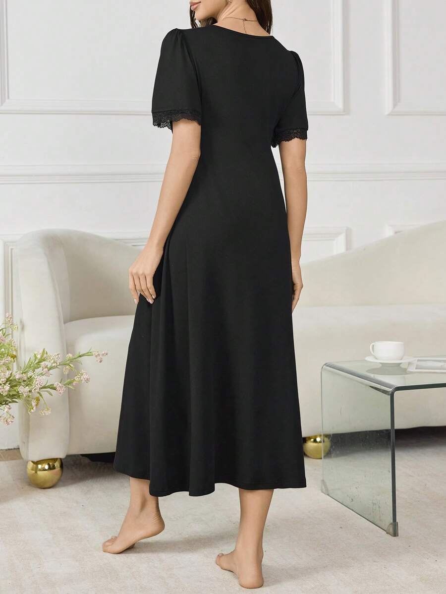 Maternity Long Nightgown - Deep V Neck Lace Patchwork Waist Flare Hem Elegant, Nursing Sleepwear