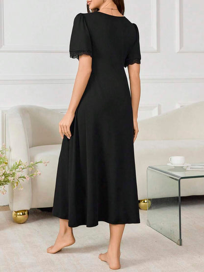 Maternity Long Nightgown - Deep V Neck Lace Patchwork Waist Flare Hem Elegant, Nursing Sleepwear