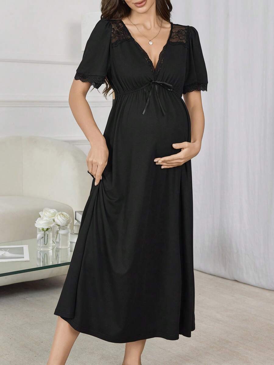 Maternity V-Neck Lace Patchwork A-Line Long Nightgown Women Pregnancy Sleepwear Elegant Loungewear