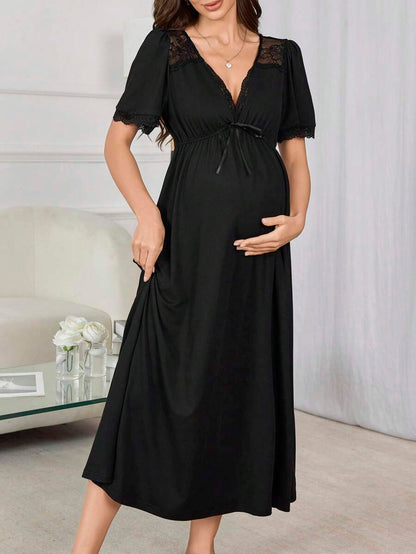 Maternity Long Nightgown - Deep V Neck Lace Patchwork Waist Flare Hem Elegant, Nursing Sleepwear