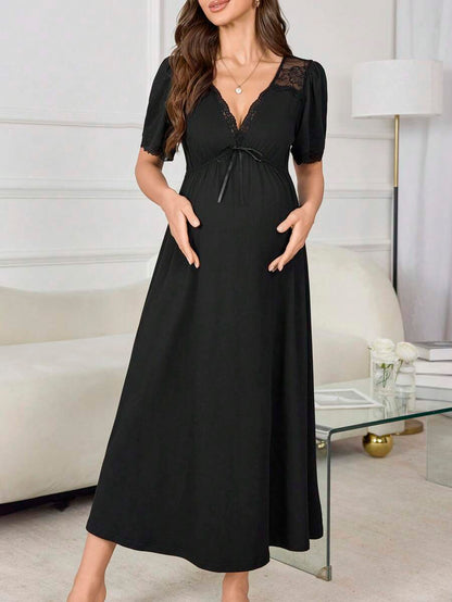 Maternity Long Nightgown - Deep V Neck Lace Patchwork Waist Flare Hem Elegant, Nursing Sleepwear