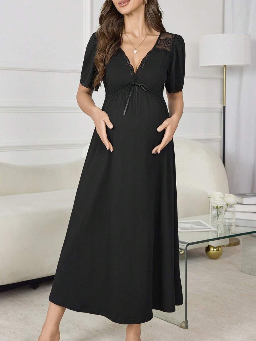 Maternity V-Neck Lace Patchwork A-Line Long Nightgown Women Pregnancy Sleepwear Elegant Loungewear