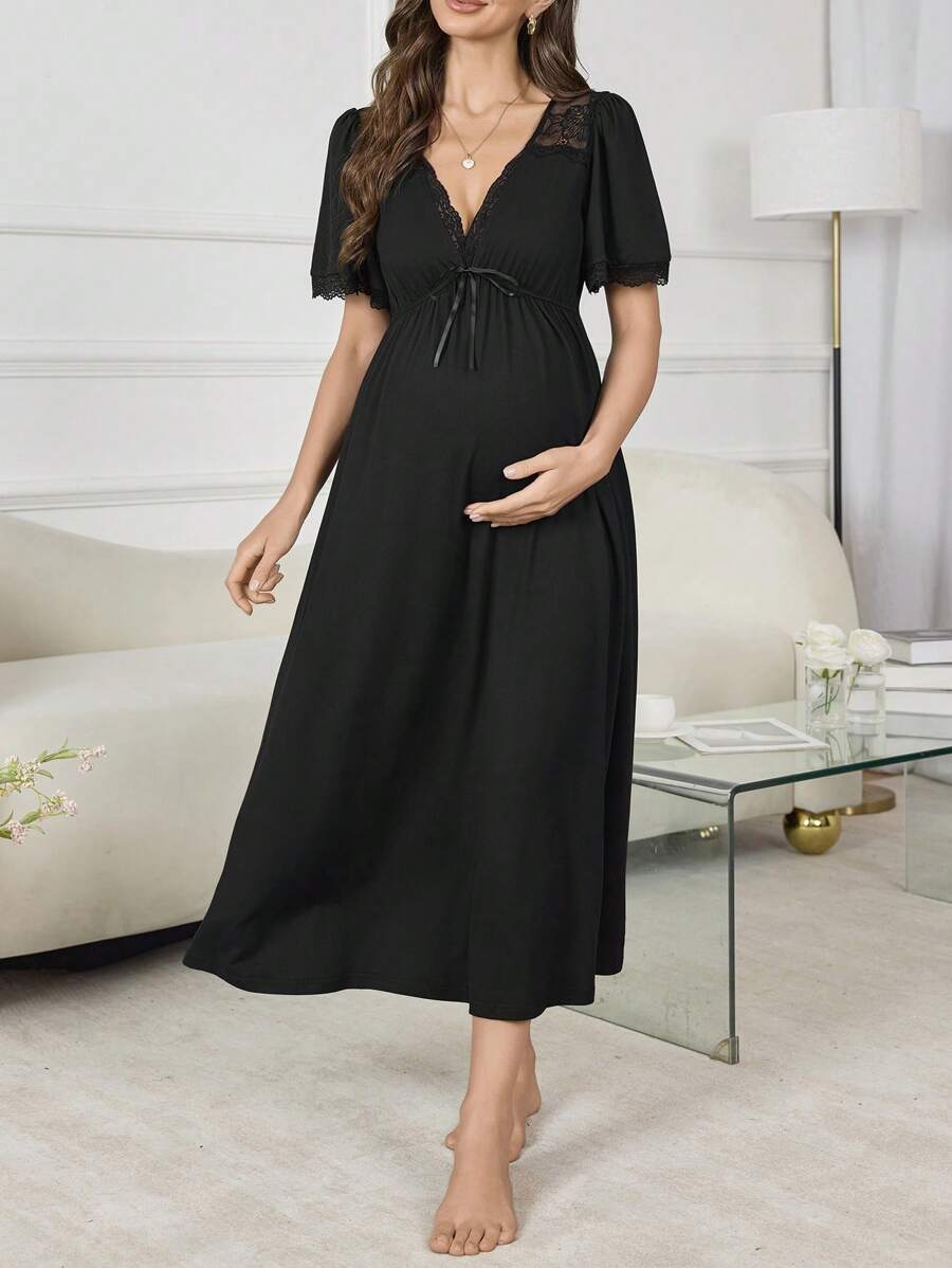 Maternity V-Neck Lace Patchwork A-Line Long Nightgown Women Pregnancy Sleepwear Elegant Loungewear