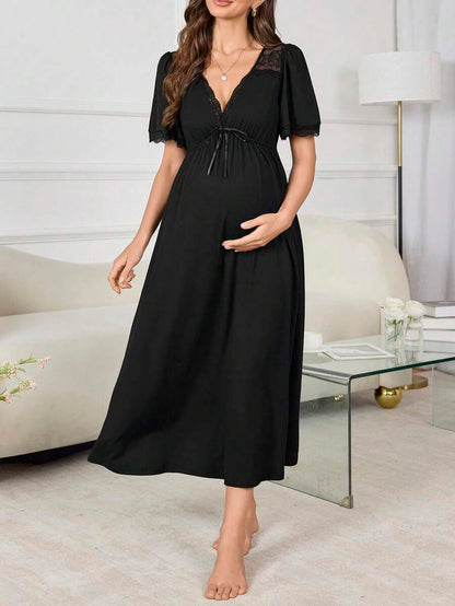 Maternity Long Nightgown - Deep V Neck Lace Patchwork Waist Flare Hem Elegant, Nursing Sleepwear