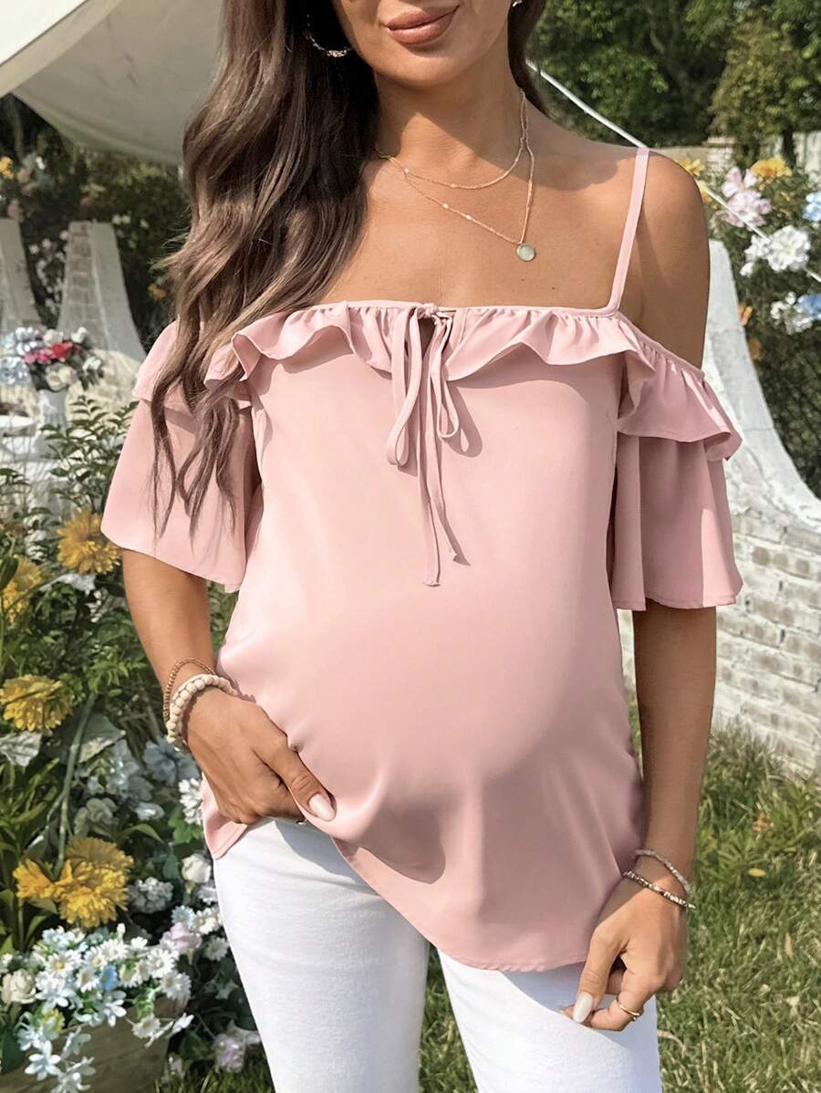 Pink Cold Shoulder Ruffle Trim Maternity Blouse - Short Sleeve Spaghetti Strap Casual Night Out Top in Woven Fabric