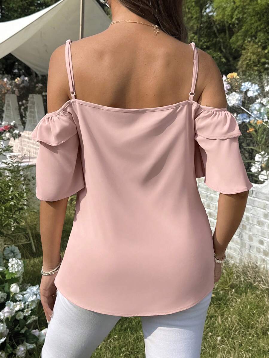 Pink Cold Shoulder Ruffle Trim Maternity Blouse - Short Sleeve Spaghetti Strap Casual Night Out Top in Woven Fabric