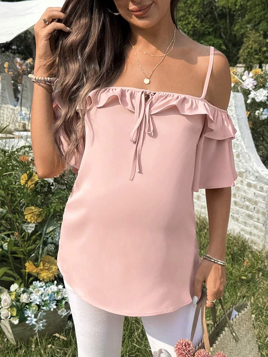 Pink Cold Shoulder Ruffle Trim Maternity Blouse - Short Sleeve Spaghetti Strap Casual Night Out Top in Woven Fabric