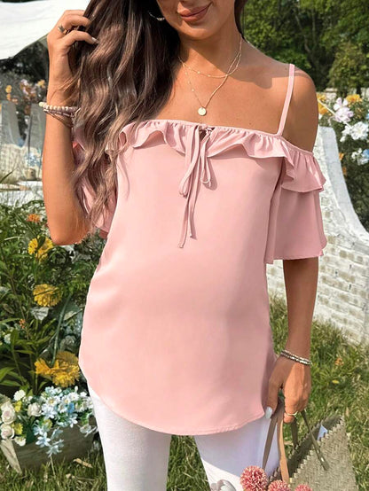 Pink Cold Shoulder Ruffle Trim Maternity Blouse - Short Sleeve Spaghetti Strap Casual Night Out Top in Woven Fabric