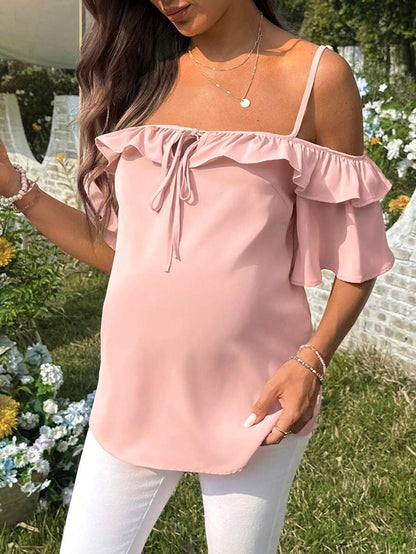 Pink Cold Shoulder Ruffle Trim Maternity Blouse - Short Sleeve Spaghetti Strap Casual Night Out Top in Woven Fabric