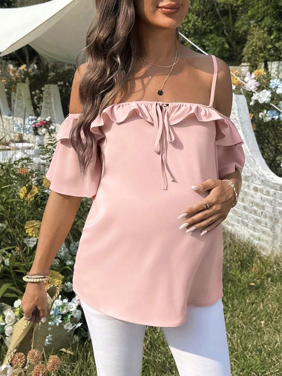 Pink Cold Shoulder Ruffle Trim Maternity Blouse - Short Sleeve Spaghetti Strap Casual Night Out Top in Woven Fabric