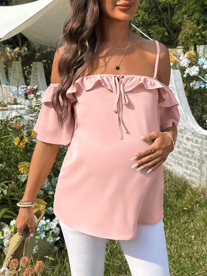 Pink Cold Shoulder Ruffle Trim Maternity Blouse - Short Sleeve Spaghetti Strap Casual Night Out Top in Woven Fabric