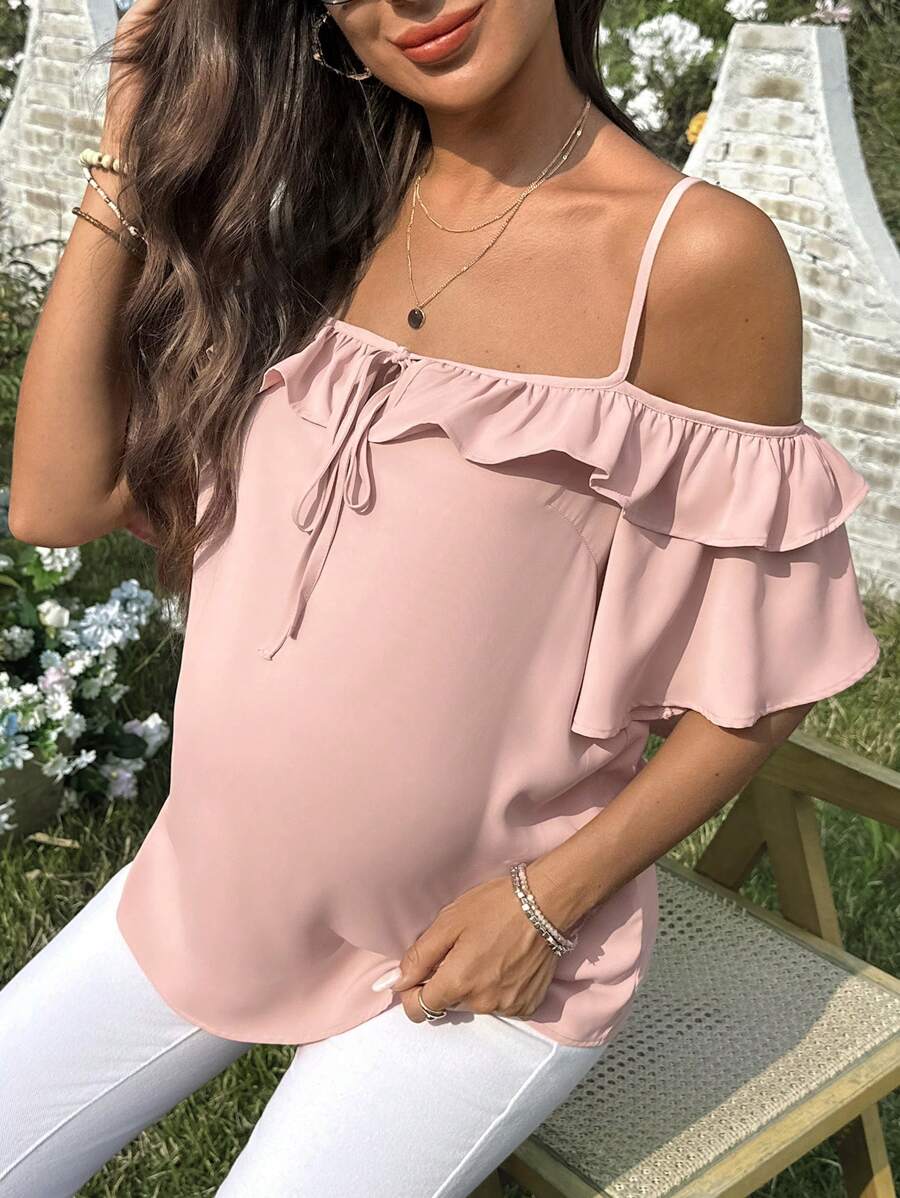 Pink Cold Shoulder Ruffle Trim Maternity Blouse - Short Sleeve Spaghetti Strap Casual Night Out Top in Woven Fabric