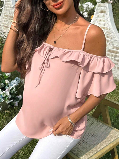 Pink Cold Shoulder Ruffle Trim Maternity Blouse - Short Sleeve Spaghetti Strap Casual Night Out Top in Woven Fabric