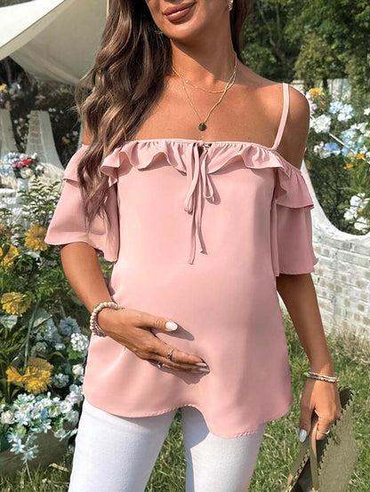 Pink Cold Shoulder Ruffle Trim Maternity Blouse - Short Sleeve Spaghetti Strap Casual Night Out Top in Woven Fabric