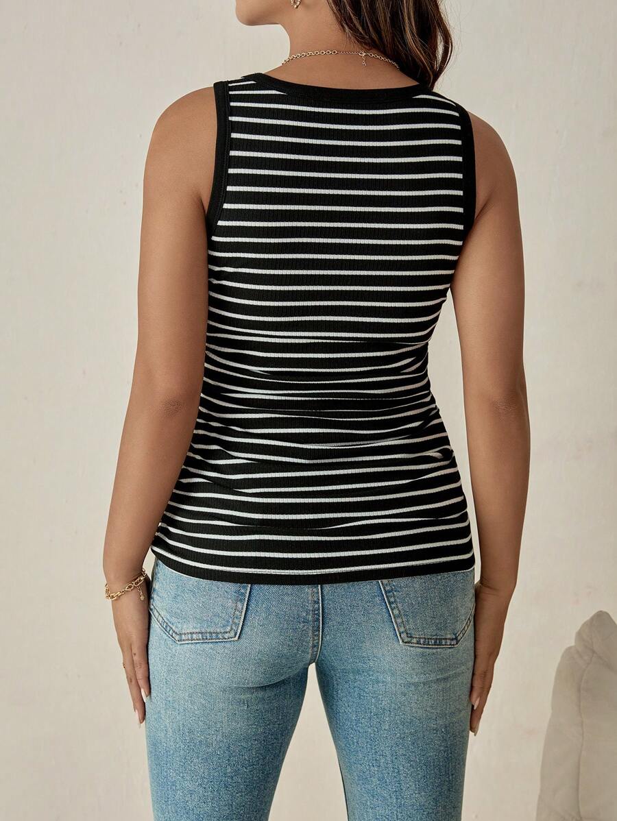 Black Rib-Knit Striped Tank Top - Slim Fit Round Neck Sleeveless Cami - Casual Streetwear Summer Top for Women
