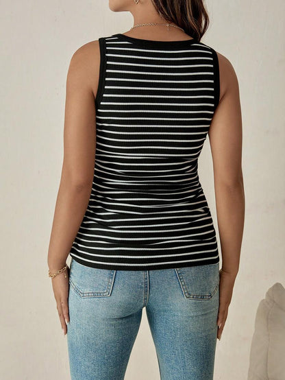 Black Rib-Knit Striped Tank Top - Slim Fit Round Neck Sleeveless Cami - Casual Streetwear Summer Top for Women