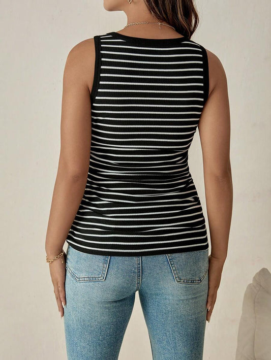 Black Rib-Knit Striped Tank Top - Slim Fit Round Neck Sleeveless Cami - Casual Streetwear Summer Top for Women